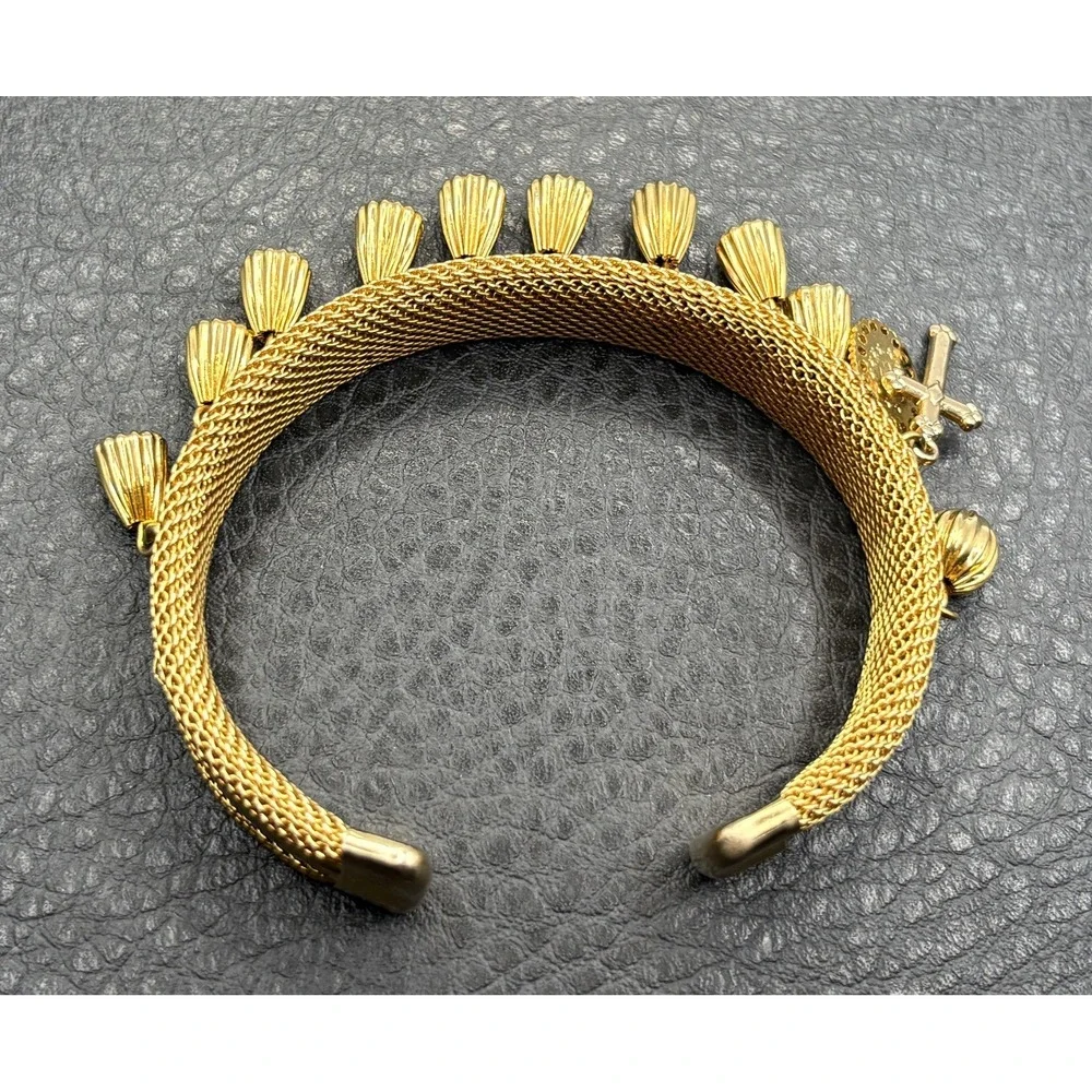 Vintage Mesh Bracelet Cuff Charm Dangle Cross Madonna Medal Gold Tone